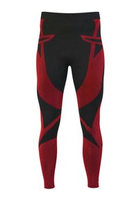 Black and red leggings featuring a sleek design with angular patterns, textured fabric, and a smooth waistband. Ideal for active wear.