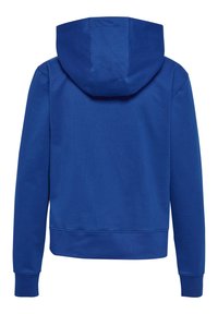 Blauwe hoodie met een capuchon, geribbelde manchetten en tailleband. Gemaakt van een gladde, gestructureerde stof. Heeft een eenvoudig ontwerp zonder versieringen.