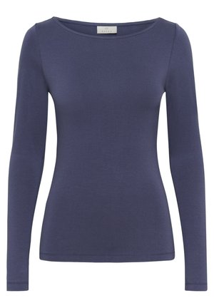 Tricou cu mânecă lungă, de culoare bleumarin închis, realizat dintr-un amestec moale de bumbac. Are un guler rotund și o margine dreaptă, cu detalii minime de cusătură.