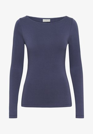 Maglietta a maniche lunghe di un blu navy scuro, realizzata in morbido tessuto misto cotone. Presenta un collo rotondo e un orlo dritto con dettagli di cucitura minimi.