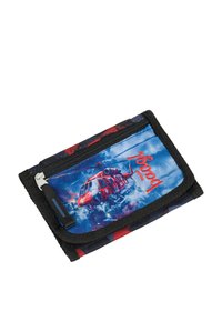 Portafoglio rosso e blu con grafica di un elicottero, realizzato in tessuto resistente con zip nera e bordature a contrasto. Design compatto.