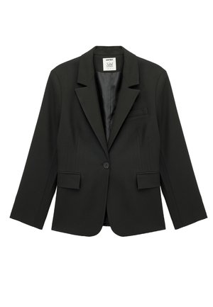 Zwarte blazer met een geknipte revers, enkele knoopsluiting, twee voorzakken en een gladde binnenvoering. De stof is gestructureerd en textuurrijk.