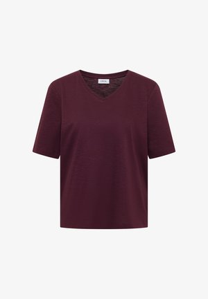 Bordowa koszulka z krótkim rękawem i dekoltem w serek, z prostym dołem i miękką fakturą materiału, z metką "CECIL" wewnątrz kołnierza.