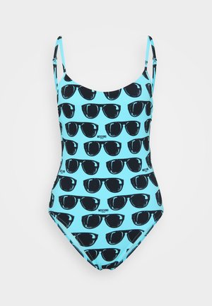 Turquoise one-piece swimsuit featuring a repeated black sunglasses print. Thin straps and smooth elastic fabric.