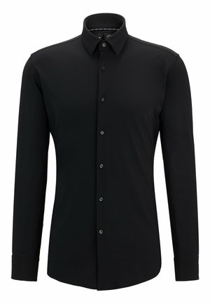 Schwarzes Langarmshirt aus glattem Stoff, mit einer Knopfleiste vorne, Kragen und taillierter Passform sowie dezenten Steppdetails.