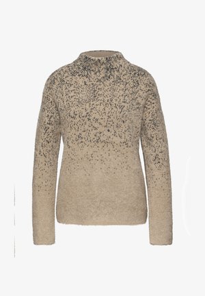 Suéter beige suave con cuello alto, que presenta un patrón de degradado con manchas más oscuras en la parte superior y una superficie texturizada. Mangas largas.