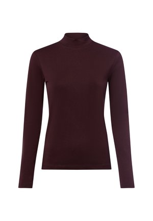 Maglietta a maniche lunghe color bordeaux con collo alto, realizzata in tessuto morbido e elastico. Vestibilità slim con una texture liscia e design del colletto alto.