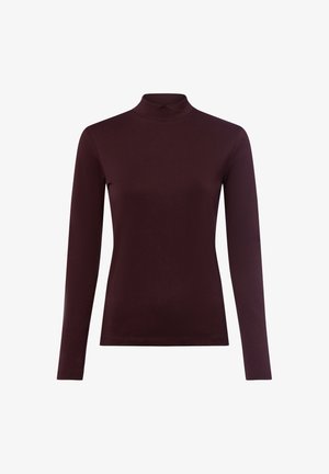 Burgunderfarbenes Langarm-Turtleneck-Shirt aus weichem, dehnbarem Stoff. Schmale Passform mit glatter Textur und hohem Kragen.