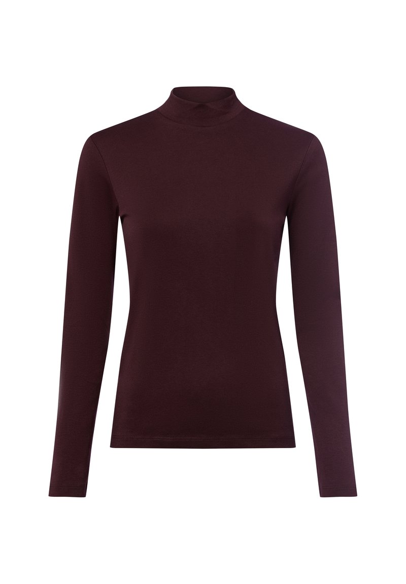 Burgunderfarbenes Langarm-Turtleneck-Shirt aus weichem, dehnbarem Stoff. Schmale Passform mit glatter Textur und hohem Kragen.