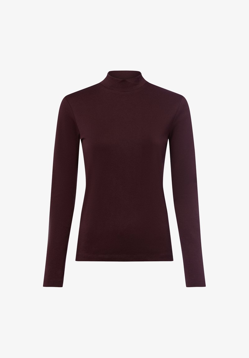 Burgunderfarbenes Langarm-Turtleneck-Shirt aus weichem, dehnbarem Stoff. Schmale Passform mit glatter Textur und hohem Kragen.