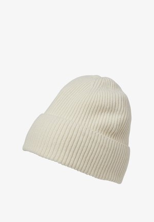 Dzianinowa czapka beanie w kolorze off-white. Posiada prążkowaną strukturę, podwinięty brzeg i miękki wygląd, idealna do codziennych stylizacji.