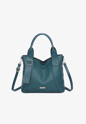 Sac à main en cuir bleu sarcelle avec finition texturée, double poignée supérieure, bandoulière ajustable et accents de quincaillerie dorée.