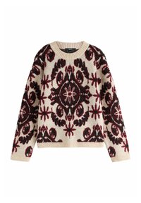 Kootud sviiter, millel on kreemjas alus ja tumepunased ning mustad lillemustrid. Sellel on ümmargune kaelus ning soonikkoes varrukad ja hems.