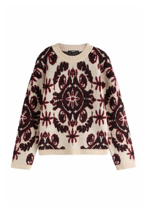 Strickpullover mit einer cremefarbenen Basis und dunkelroten sowie schwarzen Blumenmustern. Er hat einen runden Halsausschnitt und gerippte Bündchen sowie einen gerippten Saum.