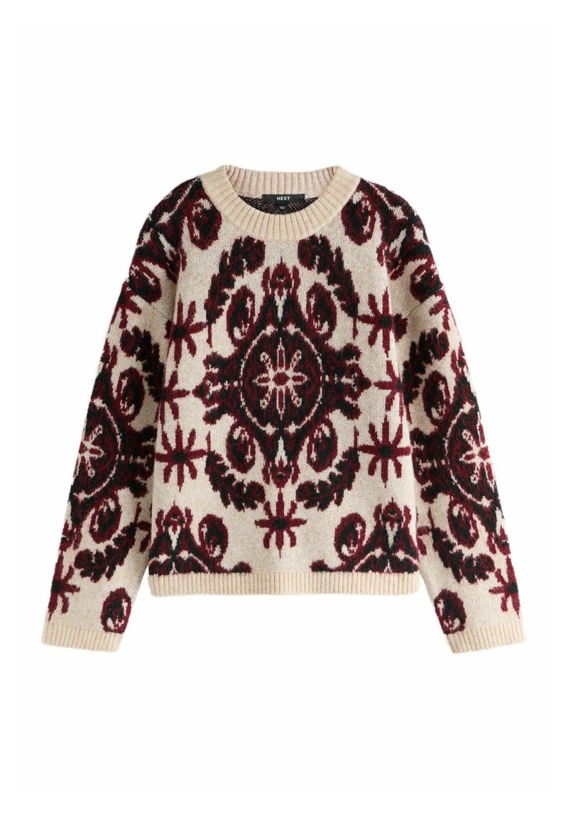 Kootud sviiter, millel on kreemjas alus ja tumepunased ning mustad lillemustrid. Sellel on ümmargune kaelus ning soonikkoes varrukad ja hems.