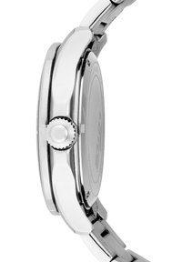 Silver stainless steel watch with a round case, textured crown, and a smooth bracelet, showcasing a polished finish and minimalist design.