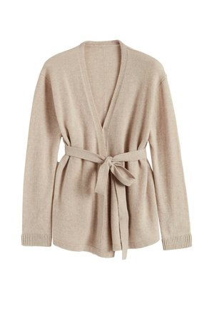 Cardigan beige in tessuto morbido, con scollo a V, maniche lunghe, cintura annodata in vita e polsini a coste.