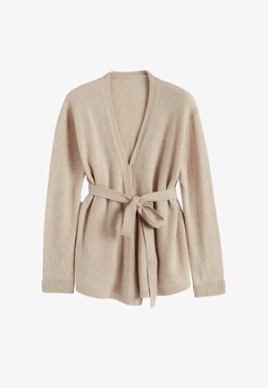 Cardigan beige en tissu doux, avec un col en V, des manches longues, une ceinture à nouer à la taille et des poignets côtelés.