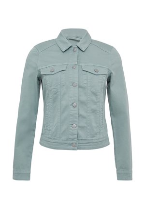 Lichtblauwe denimjack met een kraag, voorste drukknoopsluiting en twee borstzakken met kleppen. Strakke pasvorm en soepele textuur.