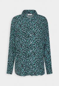 Black and green leopard print long-sleeve shirt with a light blue background, button placket, and a relaxed fit.