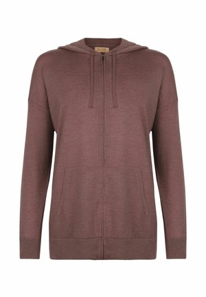 Brun lynlåshoodie med forlommer, lange ærmer og snore, lavet af blødt strikstof.