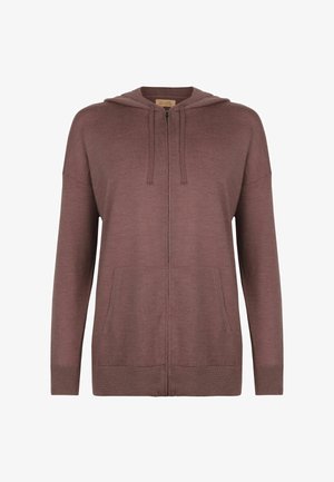 Brun lynlåshoodie med forlommer, lange ærmer og snore, lavet af blødt strikstof.