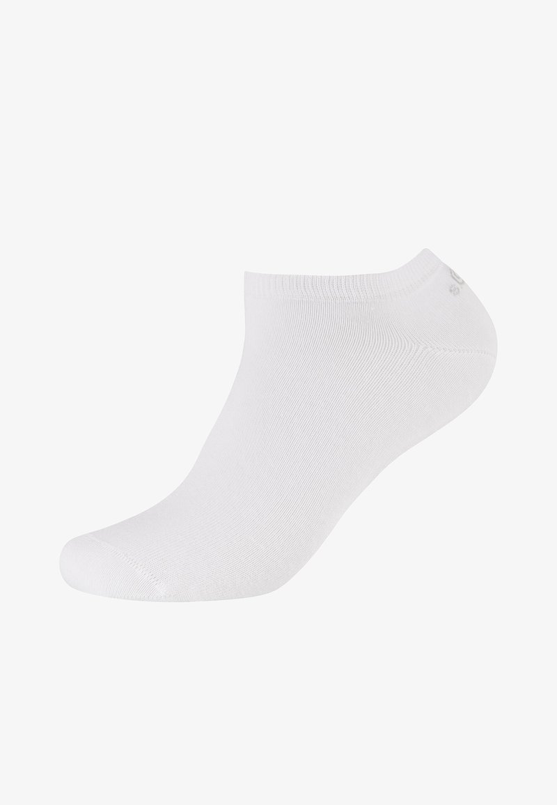 Calza bianca alla caviglia realizzata in tessuto morbido e traspirante. Presenta un bordo a coste, una superficie liscia e un design con punta arrotondata. Nessun motivo visibile.