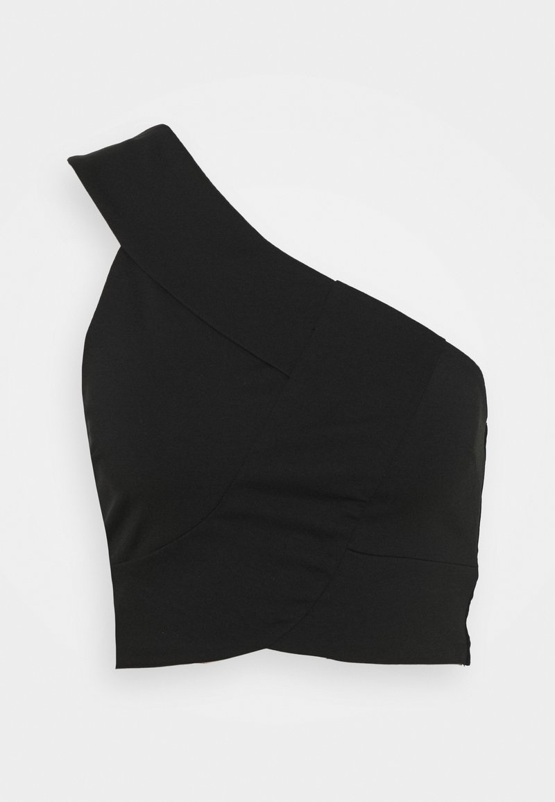 Crop top noir asymétrique avec une large bretelle sur l'épaule gauche et une silhouette ajustée sur fond blanc.