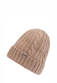 Beige knitted beanie hat with a cable pattern and ribbed hem. Features a small logo tag on the side. Soft texture.
