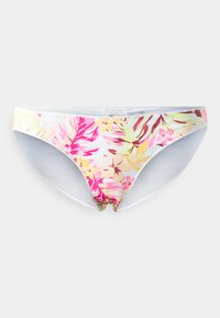 Dół bikini w białej bazie z żywym kwiatowym wzorem w odcieniach różu, żółci i zieleni. Miękka tekstura z elastycznym pasem.