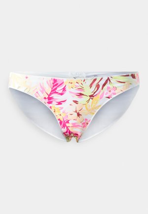 Bikini bottom in a white base with a vibrant floral pattern in pink, yellow, and green hues. Soft texture with elastic waistband.