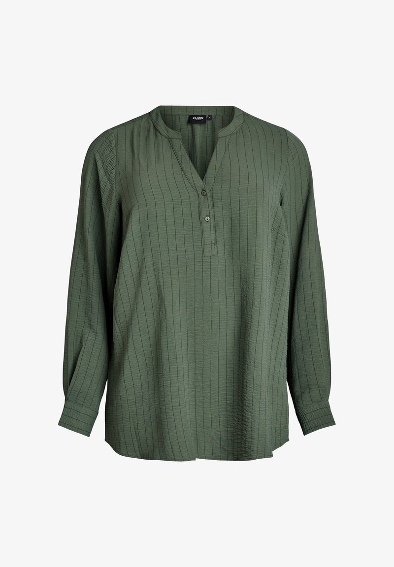 Camicia verde a maniche lunghe con colletto, chiusura a bottoni, sottili righe verticali e tessuto testurizzato. Presenta una tasca frontale sul lato sinistro.