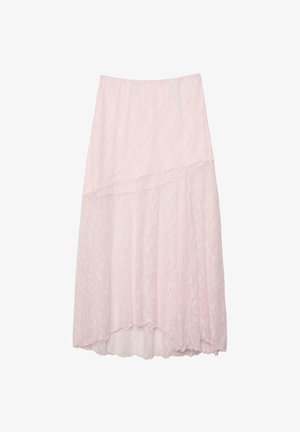 Jupe midi en dentelle rose clair avec ourlet asymétrique et tissu à couches superposées.
