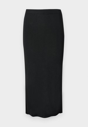 Crna midi olovka suknja od rebrastog pletiva s elastičnim pojasom i blago nazubljenim rubom.