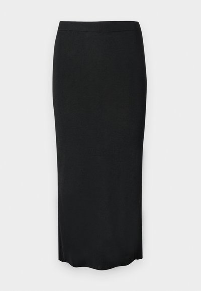 Μαύρη μίντι φούστα μολύβι από ριμπ πλεκτό ύφασμα με ελαστική μέση και ελαφρώς κυματιστό τελείωμα.