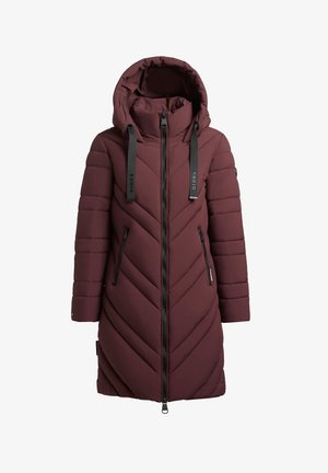Burgundowa ocieplana kurtka z kapturem, z wykończeniem w zygzak, dwoma bocznymi kieszeniami na zamek i markowymi paskami na kapturze oraz zamku.