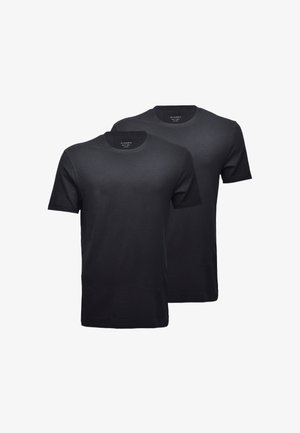 Two black crew neck t-shirts made from cotton, featuring short sleeves and a smooth texture. Simple design, no patterns or accents.