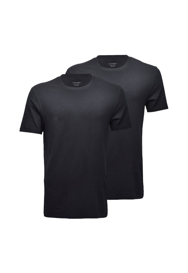 Two black crew neck t-shirts made from cotton, featuring short sleeves and a smooth texture. Simple design, no patterns or accents.