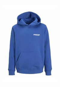 Sudadera con capucha azul hecha de material suave, que presenta un bolsillo frontal, puños acanalados y un logo blanco en el pecho.