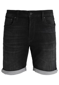 Mustat farkkushortsit, joissa on käännetty lahje, viisi taskua ja nappikiinnitys vyötäröllä. Tasainen pinta ja tumma pesu.