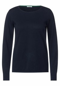 Maglietta a maniche lunghe di colore navy realizzata in materiale morbido con scollatura tonda e polsini a costine, con un accento verde a contrasto all'interno del collare.