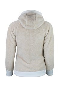 Fuzzy beige hættejakke med en blød tekstur, kengurulomme og en hvid fleeceforet hætte. Har ribbede manchetter og kant for en tætsiddende pasform.