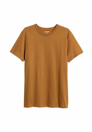 Brun bomulds T-shirt med korte ærmer, rund hals og en afslappet pasform. Glat tekstur uden mønstre eller accenter. Mærketikette synlig indeni halsen.