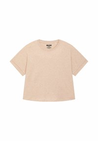 Kortebragige T-shirt in licht perzik, zachte stof, comfortabele pasvorm, ronde halslijn, met een subtiele heather structuur en zonder zichtbare patronen of accenten.
