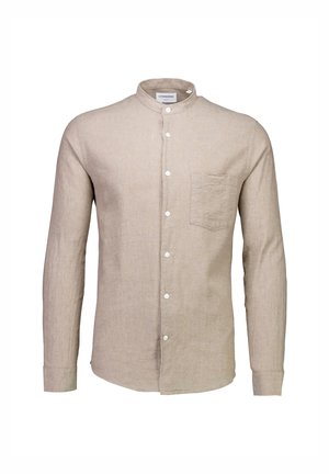Beige overhemd met lange mouwen van textuur linnen, voorzien van een staande kraag, knoopsluiting aan de voorkant en een borstzak.
