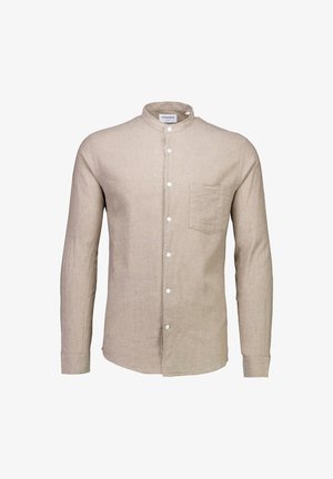 Beige Langarmhemd aus strukturiertem Leinen mit Stehkragen, frontaler Knopfleiste und einer Brusttasche.