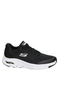 Sneaker Skechers Arch Fit neri con suola bianca, tomaia in mesh, allacciatura frontale e logo argento sul lato.