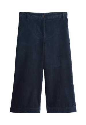 Granatowe sztruksowe kuloty o szerokich nogawkach, z zapięciem na guziki, subtelną fakturą i starannym wykończeniem na dole.