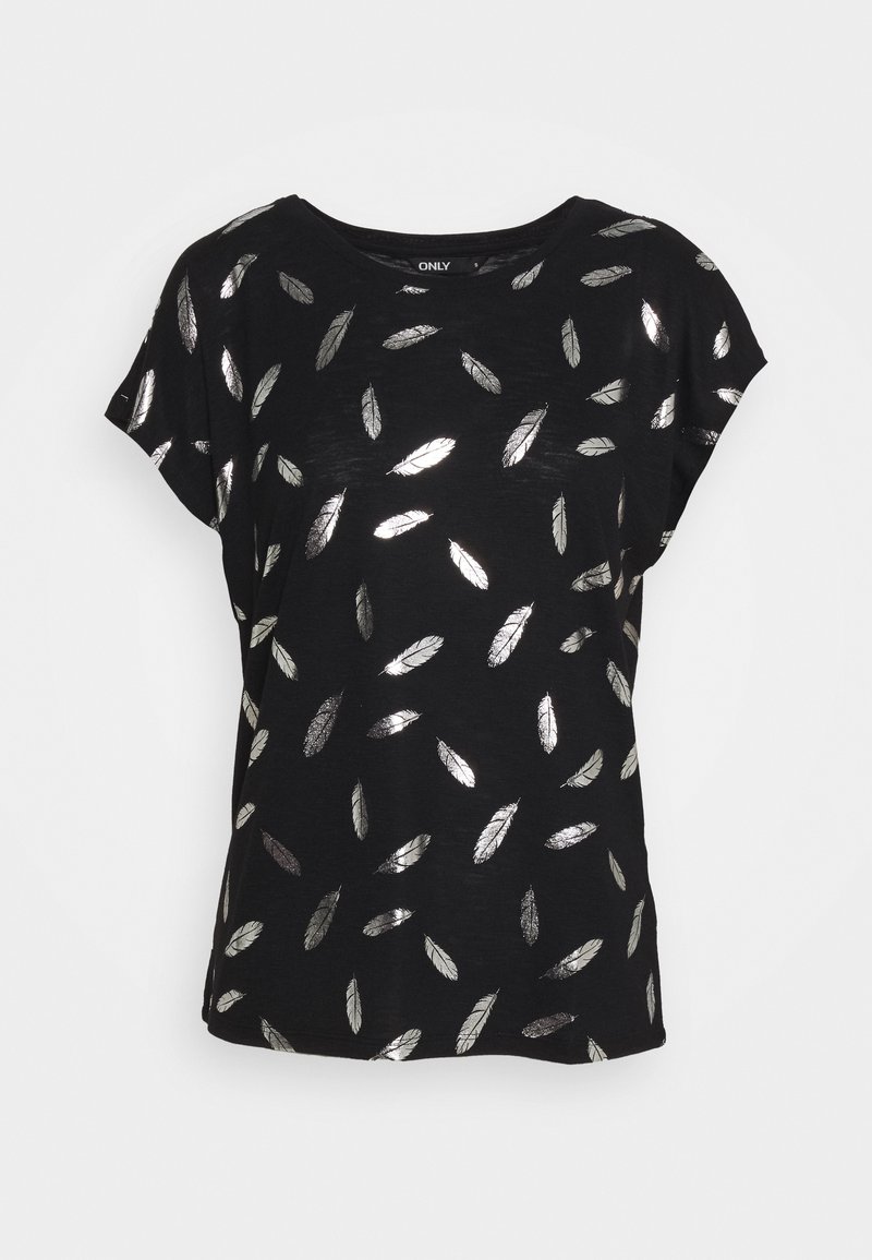 T-shirt noir à coupe ample avec manches courtes, décoré de motifs de plumes argentées métalliques sur toute la surface. Texture de tissu douce.