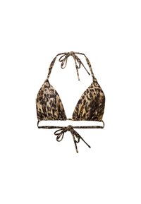 Bikini top con stampa leopardata, con coppe triangolari, spalline regolabili e banda sul retro arricciata. Il materiale sembra liscio ed elastico.